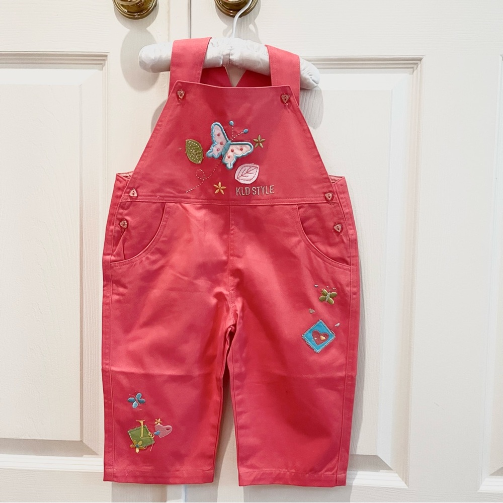 Girls Coral Pink Butterfly Overalls 3D Appliqué 36M